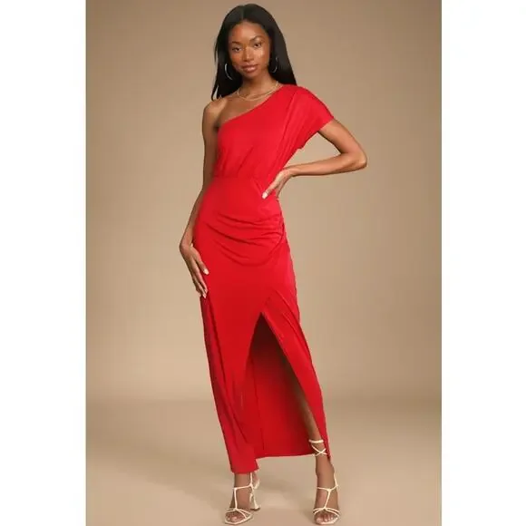 NWT Lulus Take Me Out Red One Shoulder Maxi Dress Cocktail Event Womens Small - Picture 1 of 7
